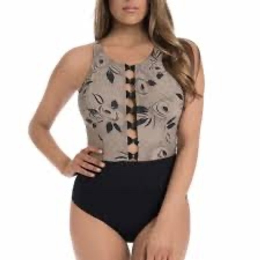 Amoressa Holly Mink Brown Floral Cutout‎ One Piece Swimsuit size 10 travel swim